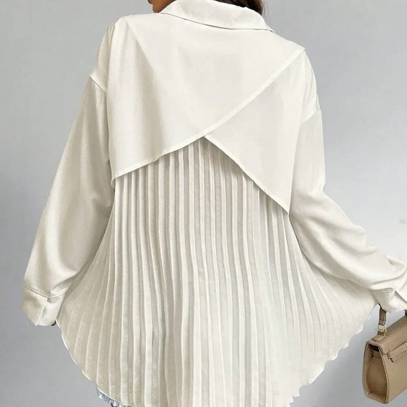 Apricot Casual Women's Solid Color Drop Shoulder Long Sleeve Back Pleated Shirt - Picture 4 of 5